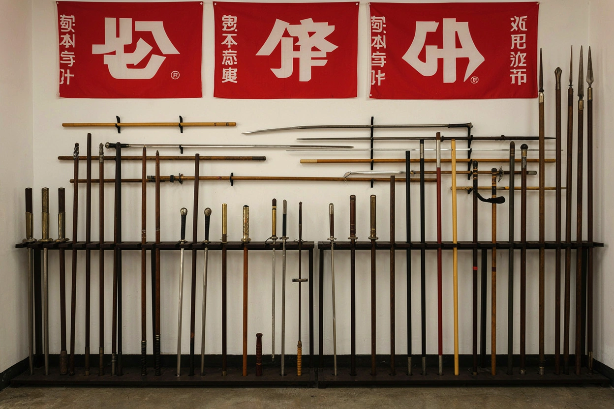 Rack d'armes de wushu et banderoles du club dans le dojo Wushu France