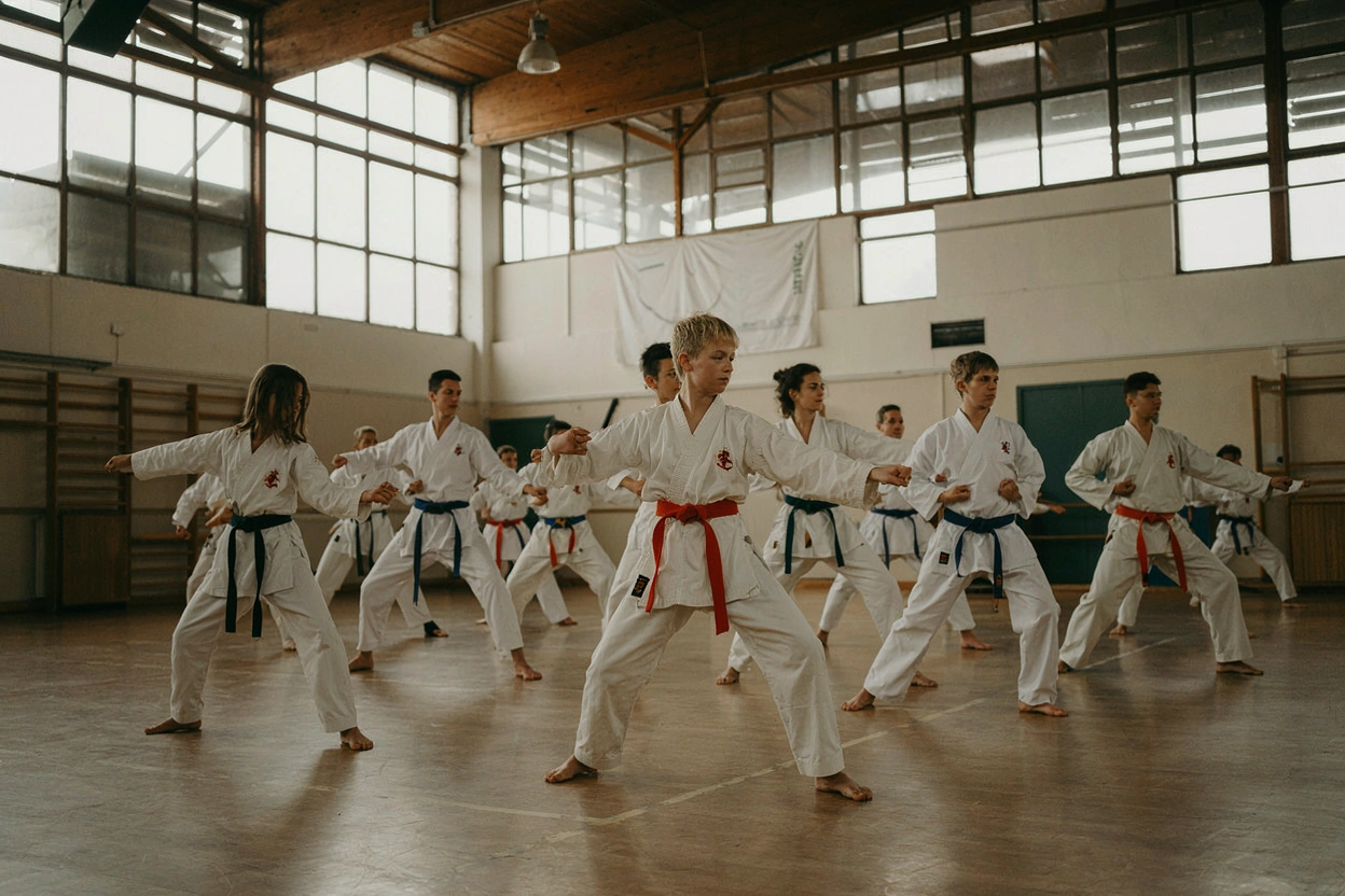 Enfants en tenue de kung-fu à l'entraînement dans une salle