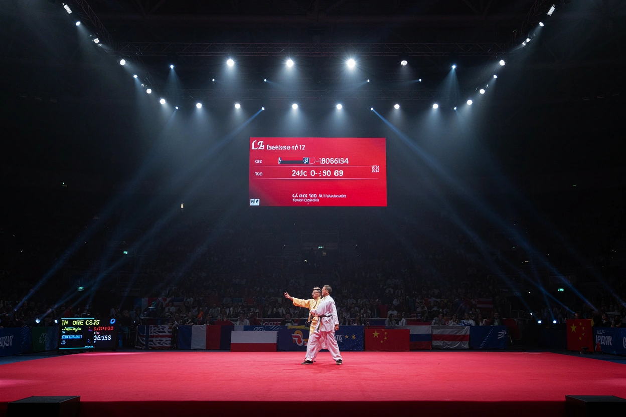 Arène de compétition de wushu, athlète saluant sur l'aire d'épreuve