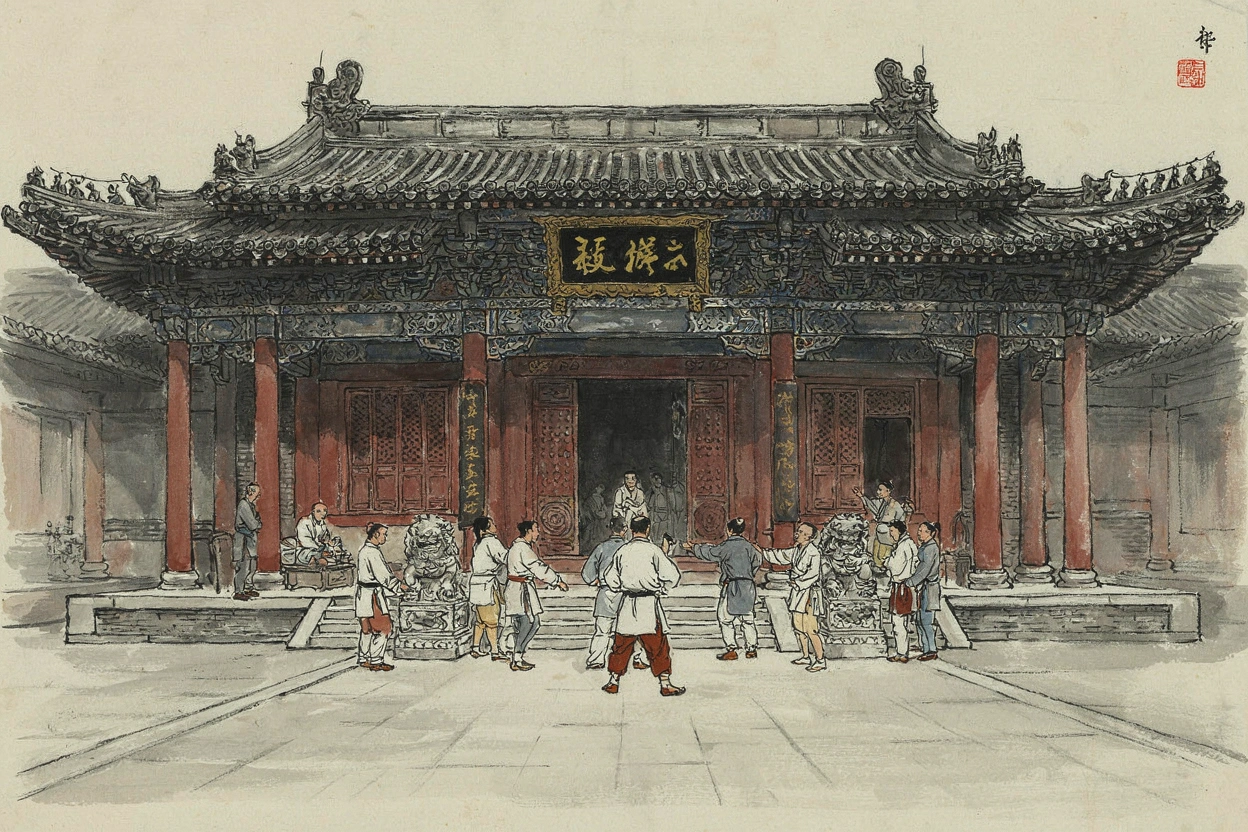 Cour d'un temple chinois où s'entraînent des moines, style encre de Chine
