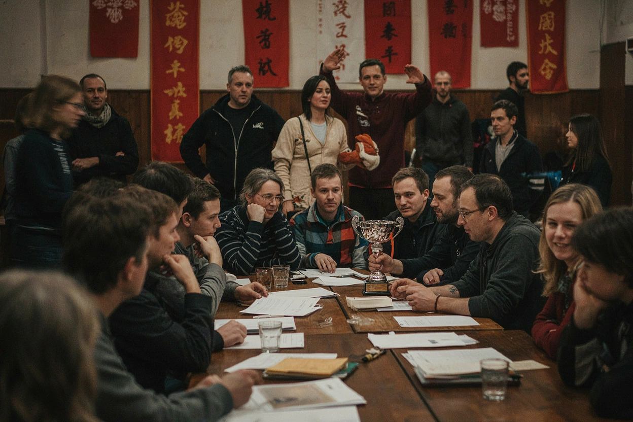 Pratiquants de wushu en pleine démonstration d'enchaînements, ambiance d'encre de Chine