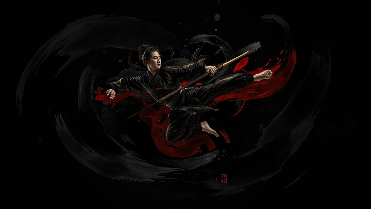 Athlète de wushu en plein saut, bâton en main, dans une ambiance d'encre de Chine