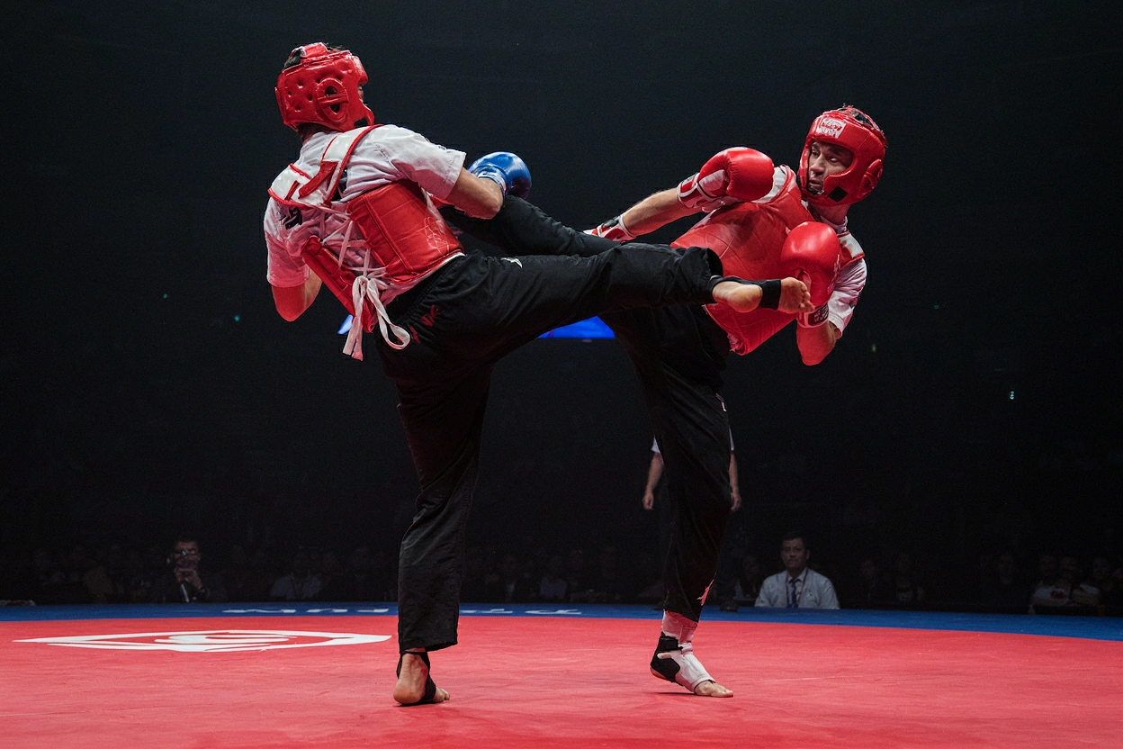 Combat de sanda sur un leitai, coup de pied haut sur une plateforme rouge