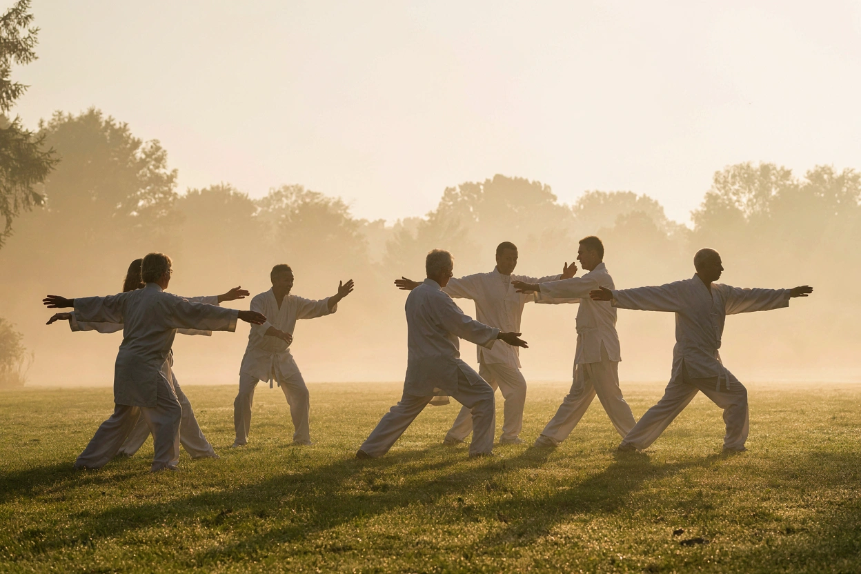 Groupe pratiquant le taijiquan au lever du soleil dans un parc brumeux
